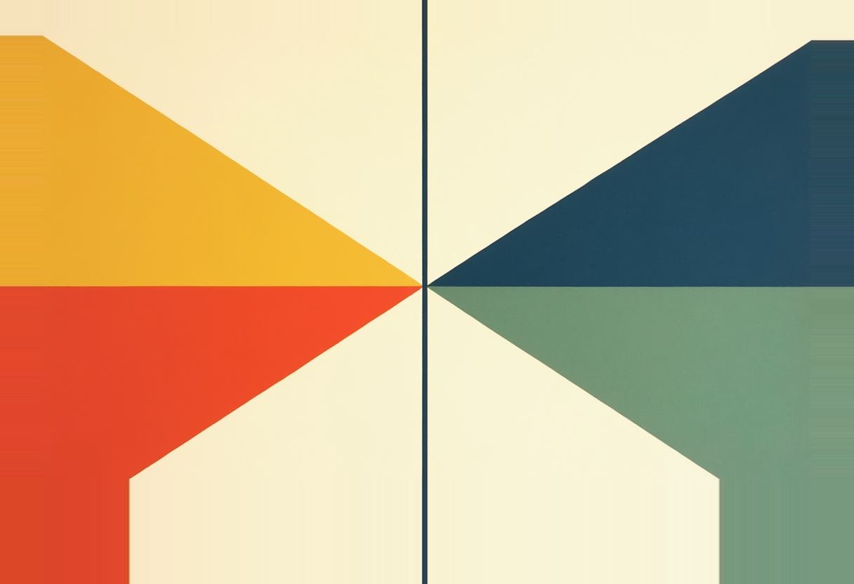Four triangles in yellow, red, dark blue, and green point inward toward a vertical black line dividing a cream background into left and right halves.