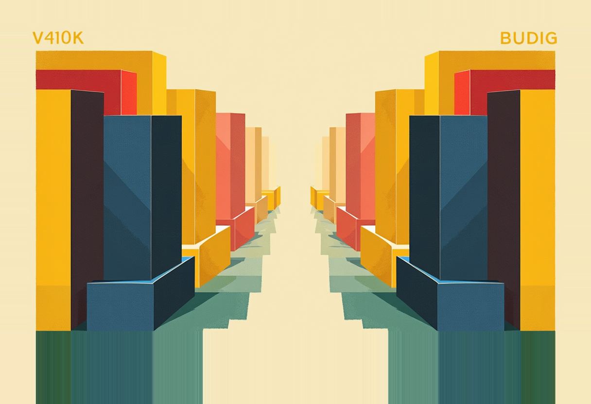 Mirrored rows of yellow, red, and navy blockish buildings recede toward a vanishing point, with 'V410K' and 'BUDIG' labeled at top left and right.