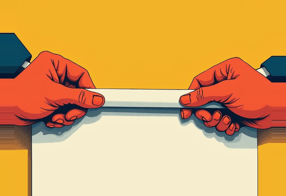 Two red cartoon hands from opposite sides pull a folded cream-colored sheet of paper taut against a yellow background.