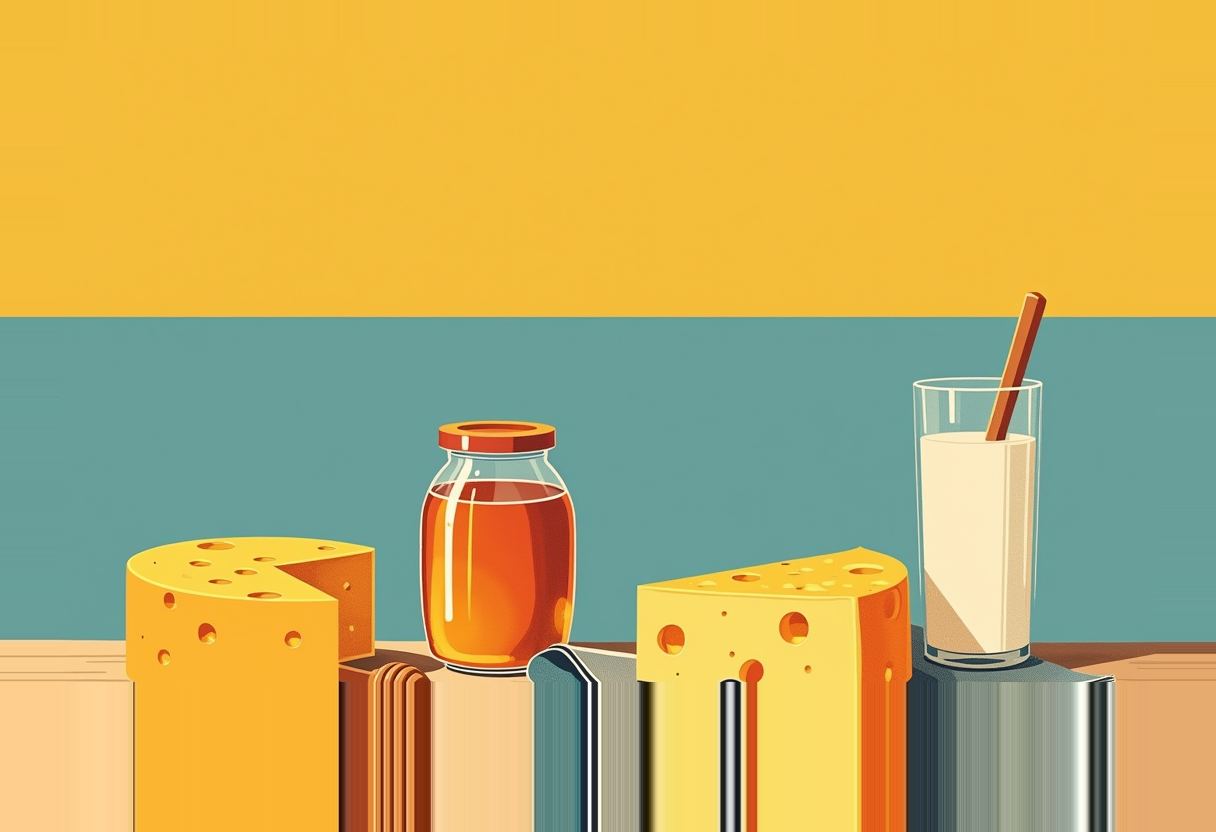 A wheel of Swiss cheese, a jar of honey, a wedge of Swiss cheese, and a glass of milk with a straw sit in a row against a yellow and teal background.