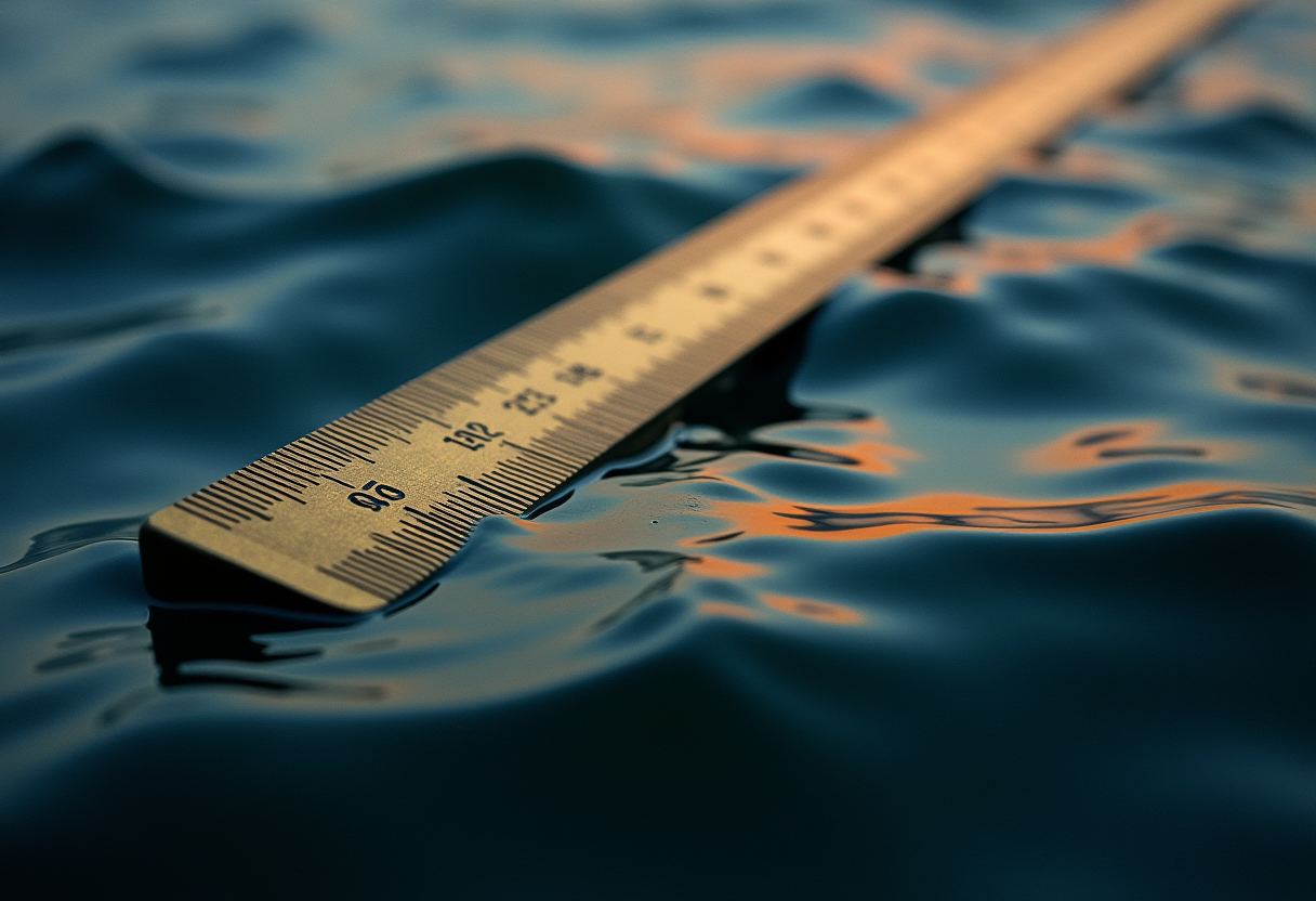A metal ruler with numbered markings extends diagonally into dark blue water, its surface reflecting streaks of orange light.
