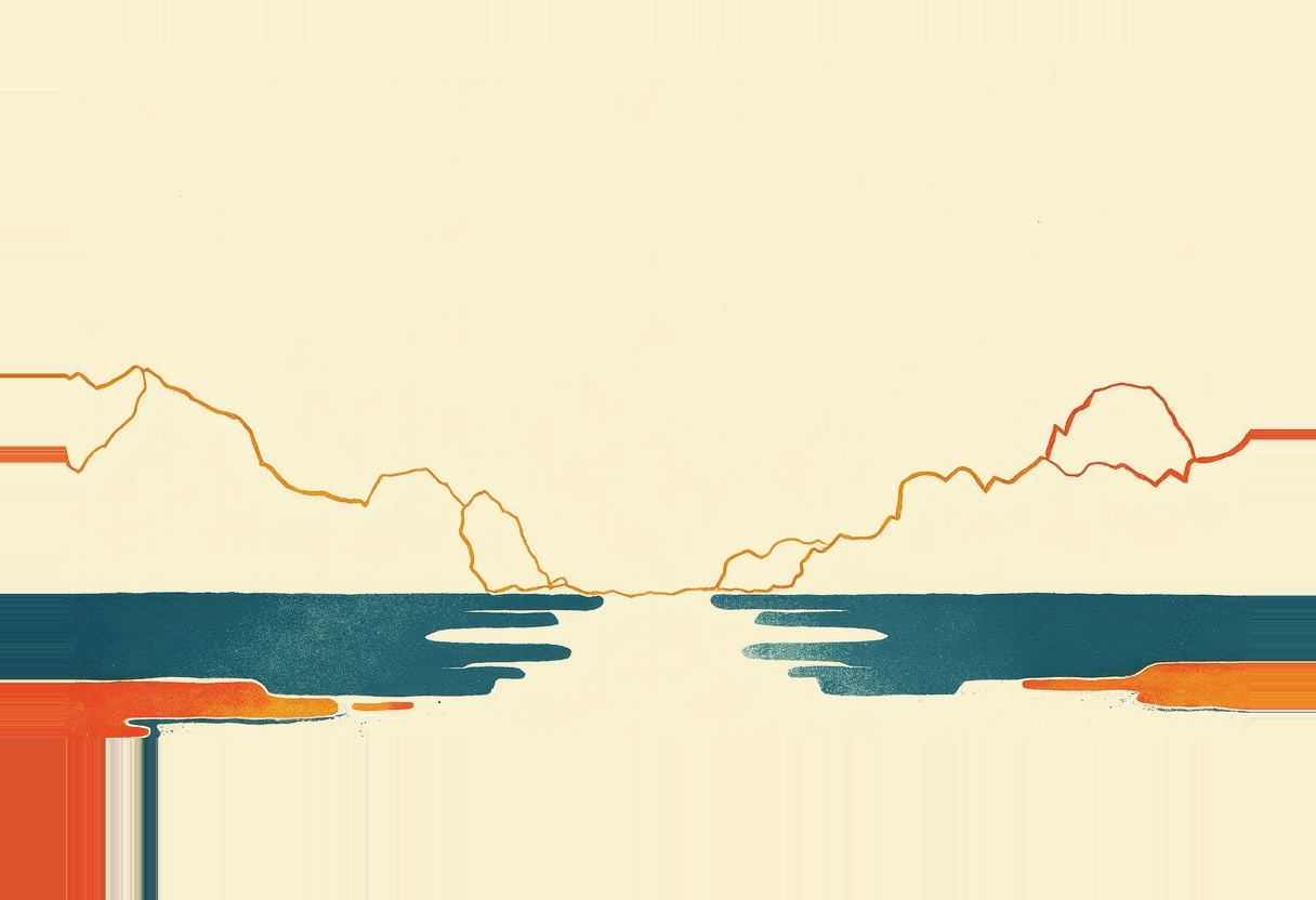 Two orange-outlined coastlines face each other across a teal strait on a cream background, with orange blocks and thin lines at each lower corner.