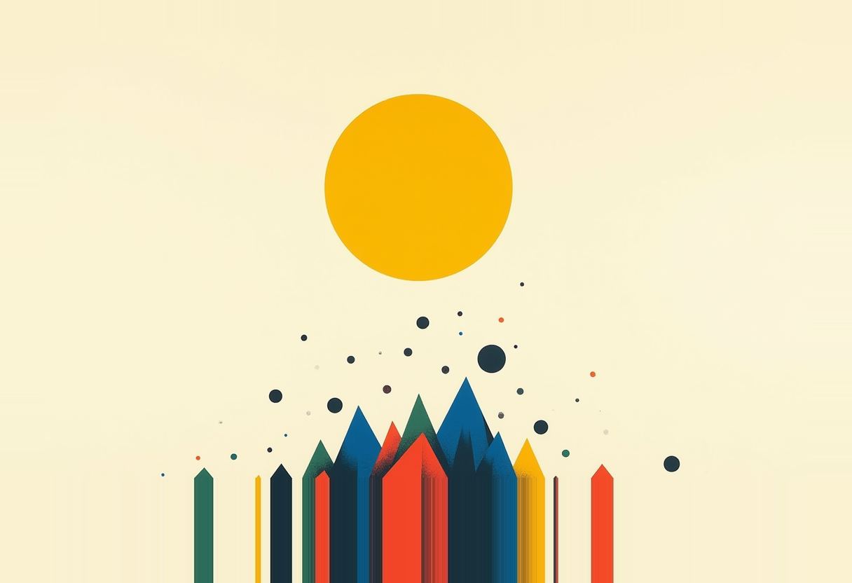 A large orange sun over rows of pointed spikes in green, yellow, dark navy, red, and blue on a cream background, with scattered dark dots above them.