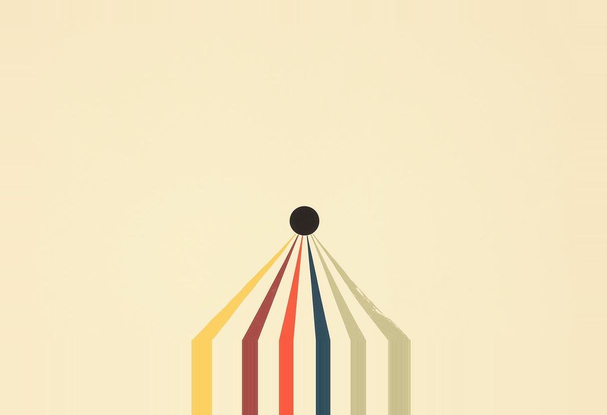 A small black circle sits atop five diverging colored stripes (yellow, maroon, red, blue, olive) fanning downward against a cream background.
