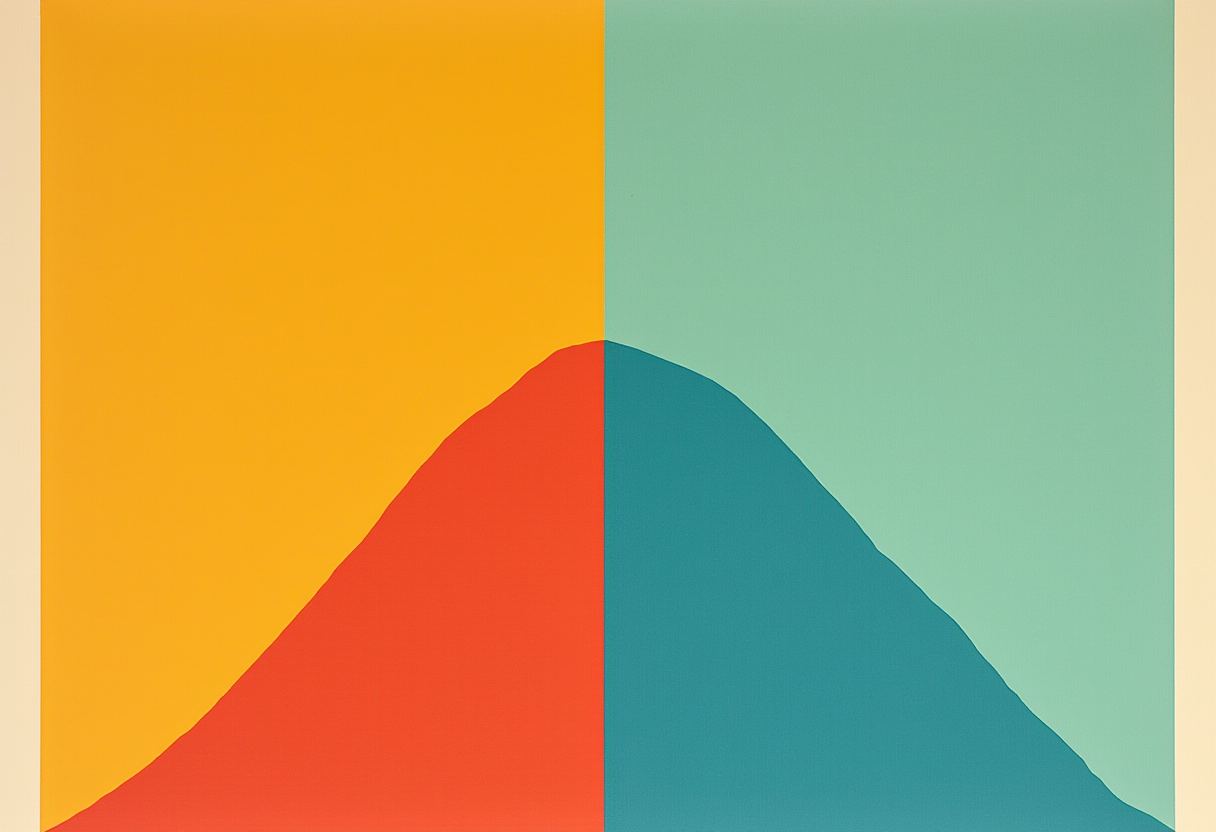 A single mountain-like curve split down the middle, red rising against orange on the left and teal descending against pale green on the right.