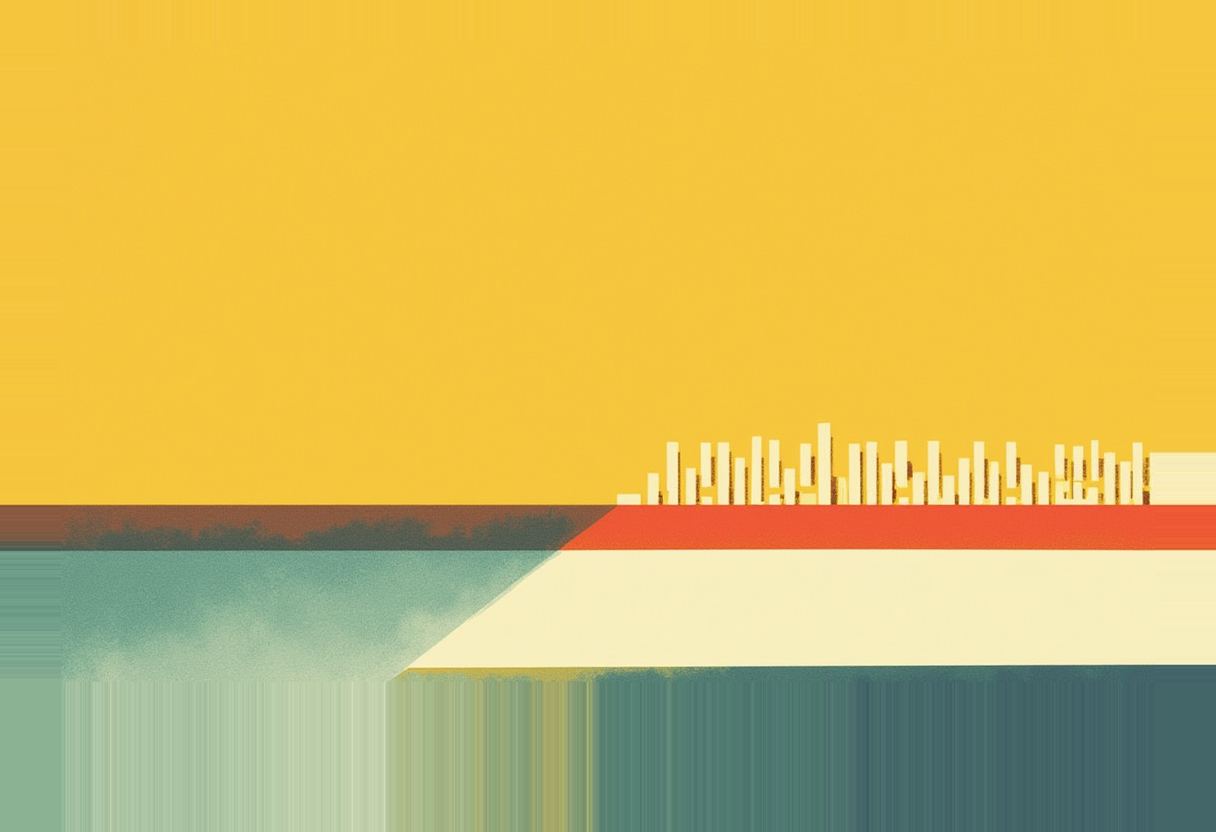 Pale cream city skyline silhouette sits on a horizon line between a yellow sky and a diagonally split ground of teal-green and cream bands.
