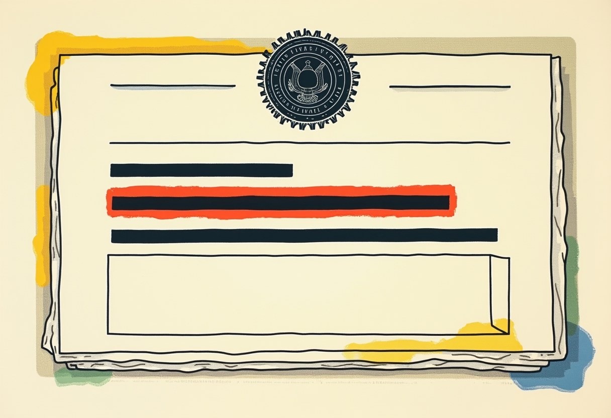 An abstract risograph of an official document topped by a heavy circular seal, most of its lines blacked out into redaction bars with one highlighted in red, and an empty rectangular box at the lower center where an answer should be.