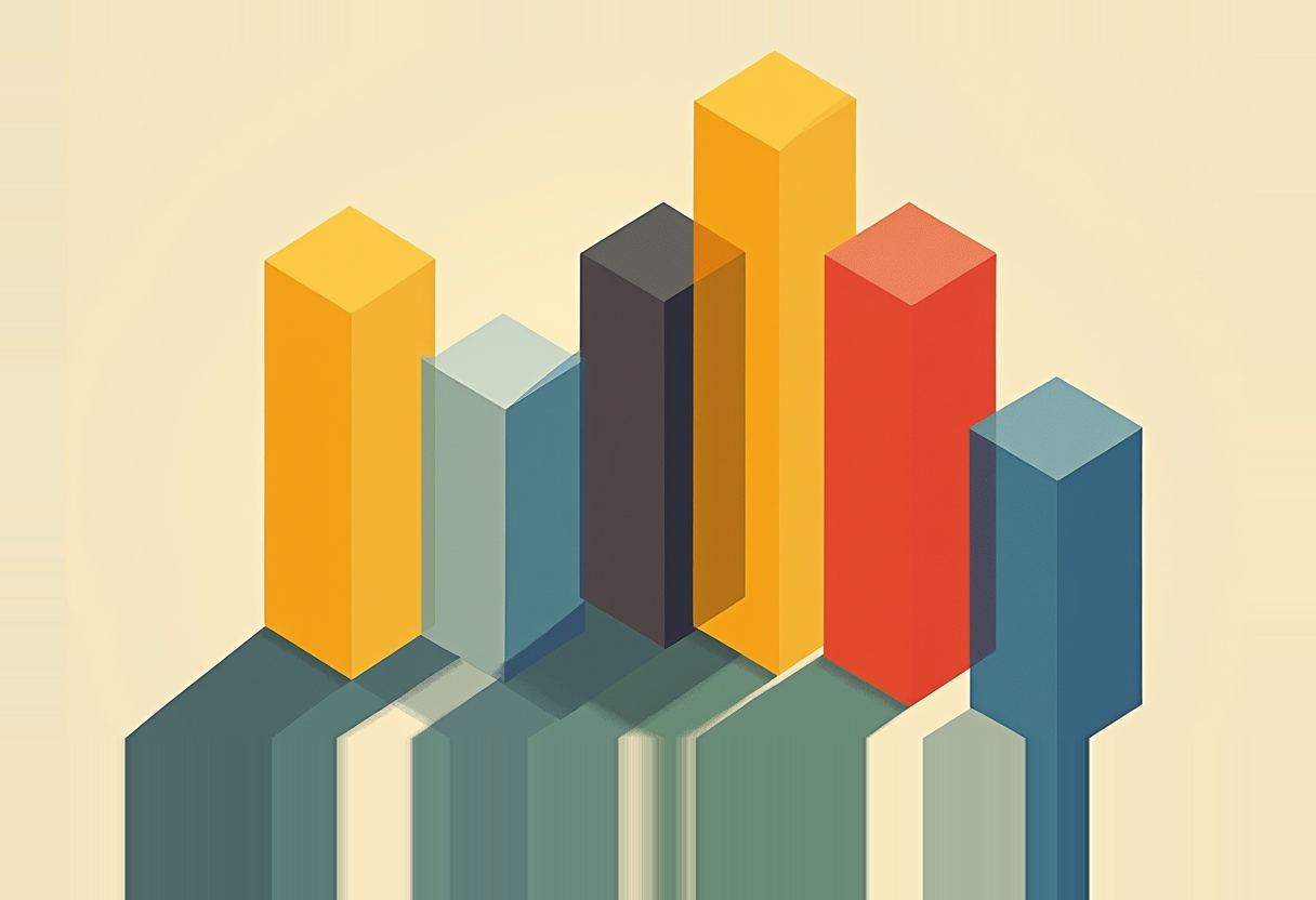 Six isometric 3D bar-chart columns of varying heights in yellow, blue, dark grey, and red cast long shadows on a pale cream background.