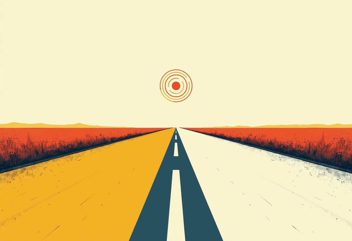 A straight road recedes to the horizon under a concentric-ringed sun icon, the road split yellow on the left and white on the right, flanked by red-orange fields.