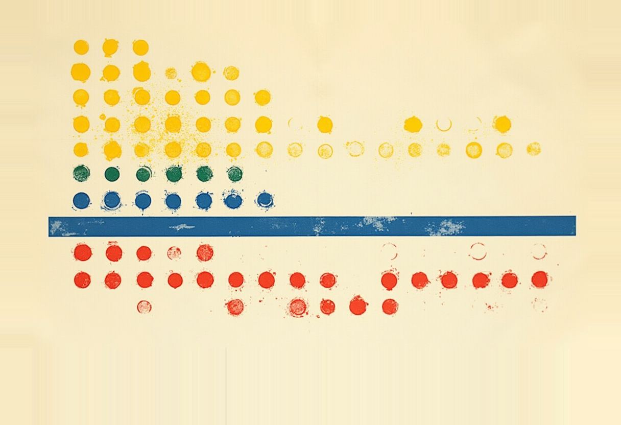 Rows of stamped yellow, green, and blue dots above a horizontal blue bar, with rows of red dots below, on a cream background.