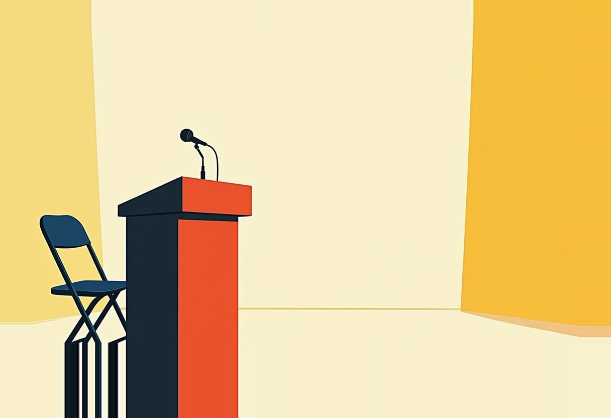 An empty navy-and-orange podium with a microphone stands beside an empty folding chair against a plain cream and yellow backdrop.