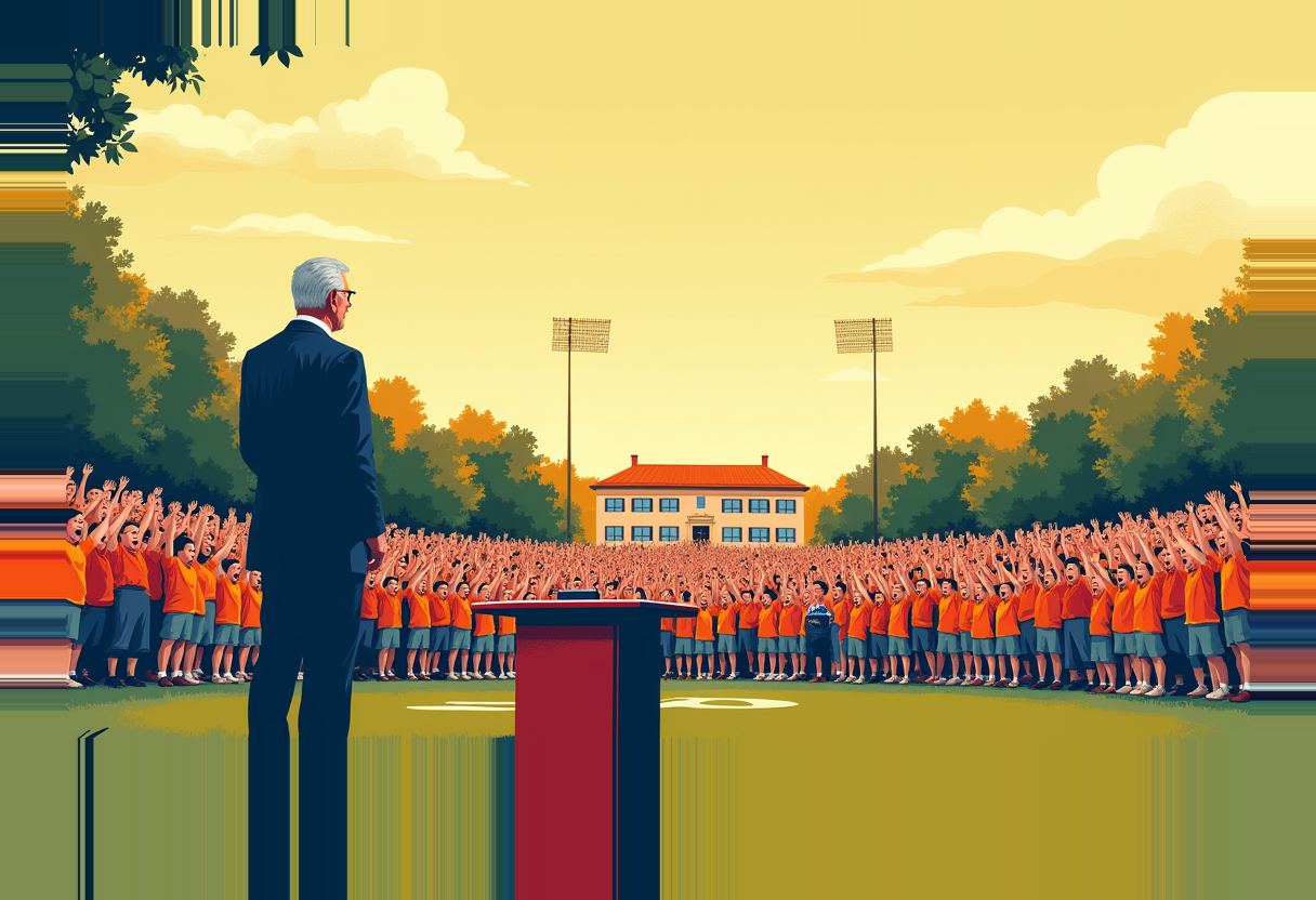 Illustration of a gray-haired man in a dark suit facing a crowd in orange shirts with raised arms on a field, a red podium and building with red roof and stadium lights behind them.