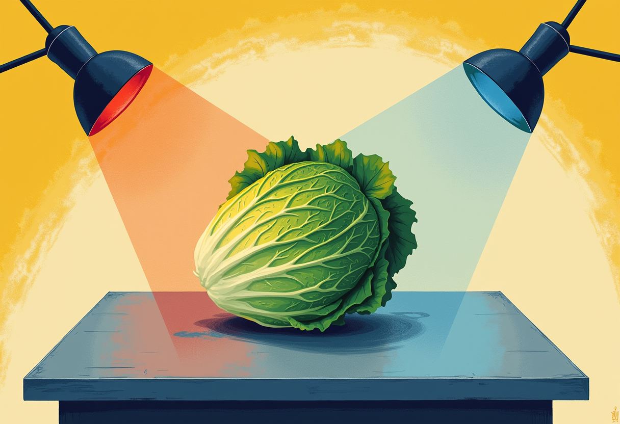 A whole green cabbage sits on a blue table lit from opposite sides by two lamps casting red and blue beams, against a yellow background.