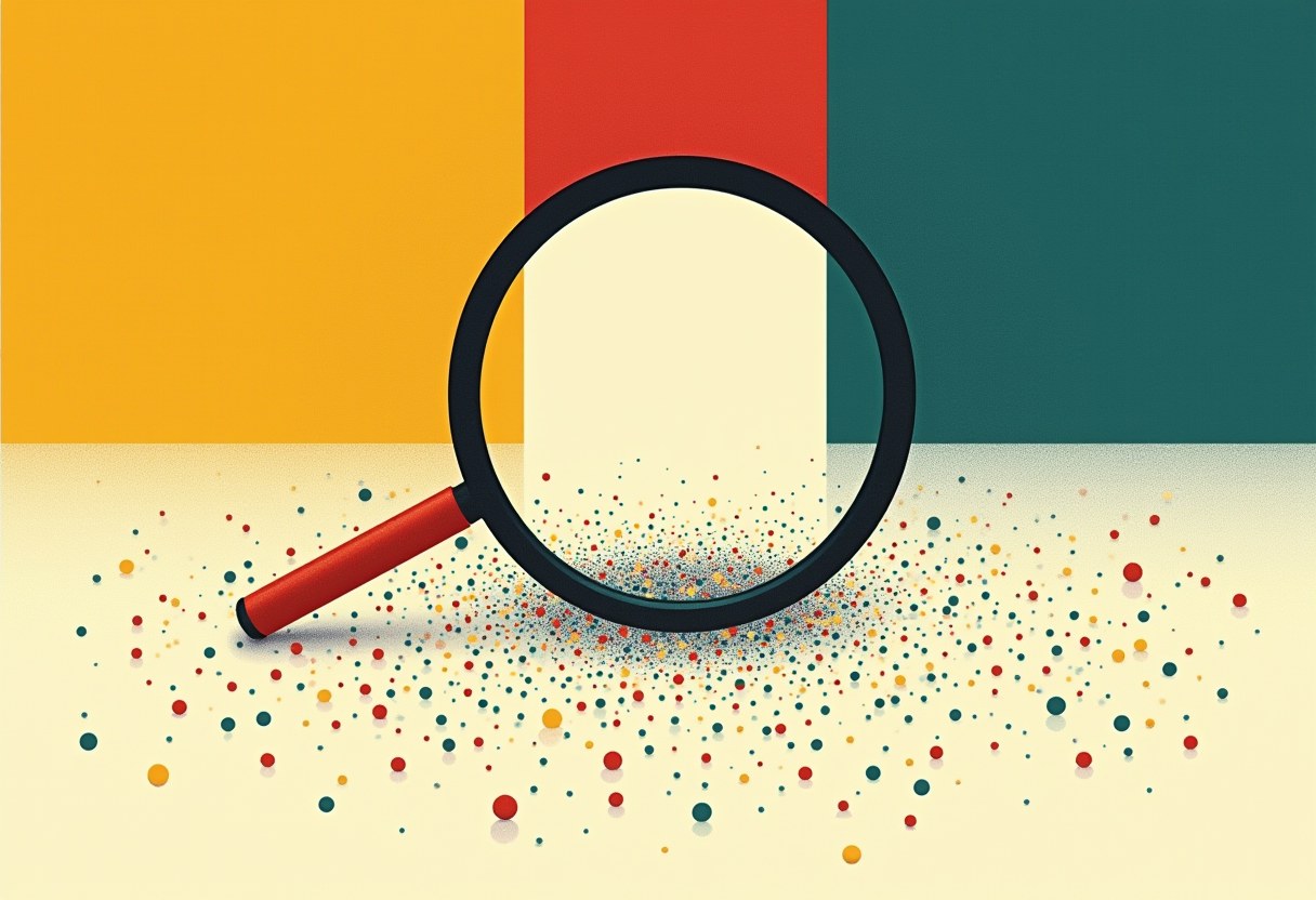Abstract risograph poster: a magnifying glass rests over a vast scattered field of small colored dots that thin into the distance — a lens covering only a fraction of an uncountable spread.