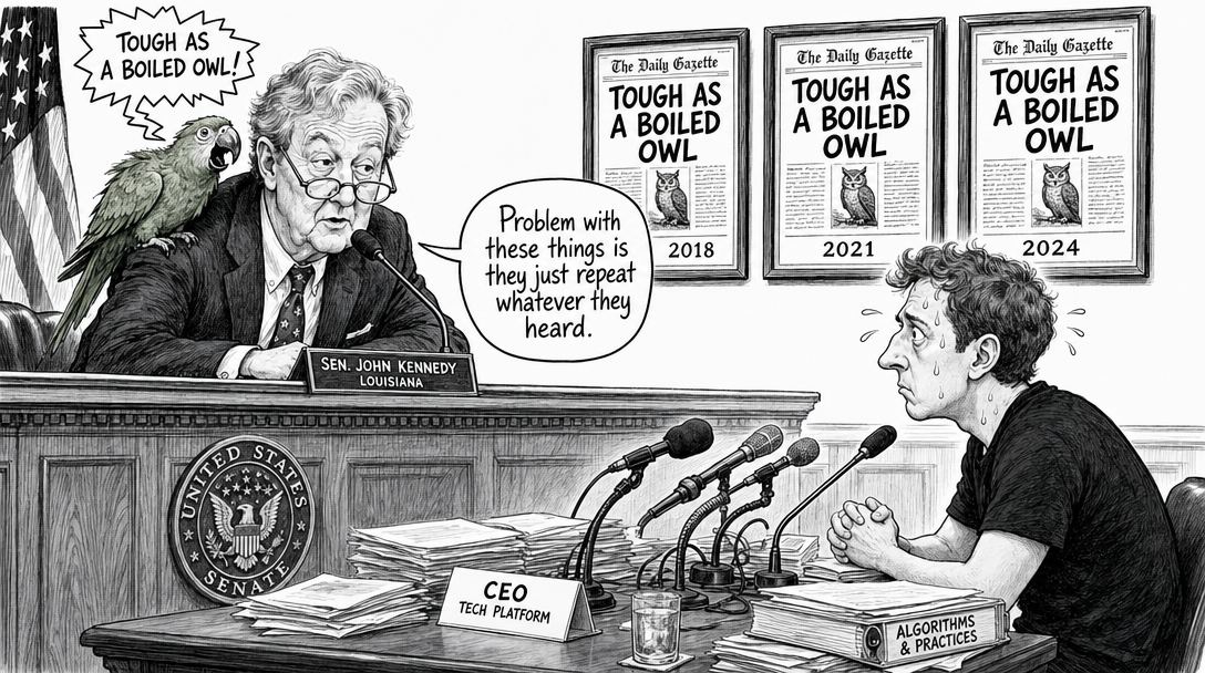 A black-and-white cartoon of a senator with a green parrot on his shoulder saying 'Tough as a boiled owl' behind a 'Sen. John Kennedy Louisiana' nameplate, facing a sweating young man labeled 'CEO Tech Platform' at a table with microphones, papers, and a book titled 'Algorithms & Practices', with th