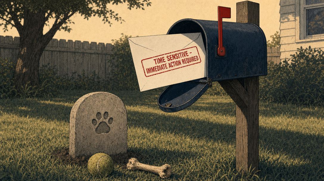 A stone grave marker with a paw print, a tennis ball, and a bone sit beside a mailbox holding an envelope stamped 'TIME SENSITIVE - IMMEDIATE ACTION REQUIRED.'