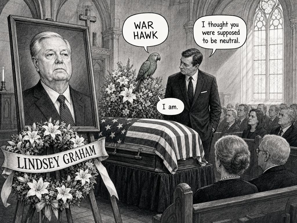 Black-and-white sketch of a church funeral: a flag-draped casket beside a portrait labeled Lindsey Graham, a parrot on flowers saying 'WAR HAWK,' and a mourner replying 'I thought you were supposed to be neutral,' with the parrot answering 'I am.'