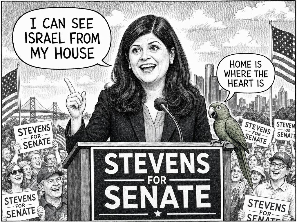 Black-and-white drawing of a woman speaking at a 'Stevens for Senate' podium, a green parrot beside her, cheering crowd with signs, flags, bridge and skyline behind.