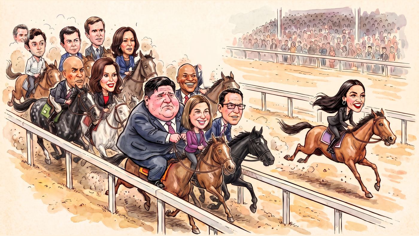 Caricature illustration of a horse race: eleven politicians crowded together in one narrow railed lane, jostling and boxed in, while Alexandria Ocasio-Cortez gallops alone far ahead in the wide open lane beside them, and one rider trails at the very back of the pack in the dust.