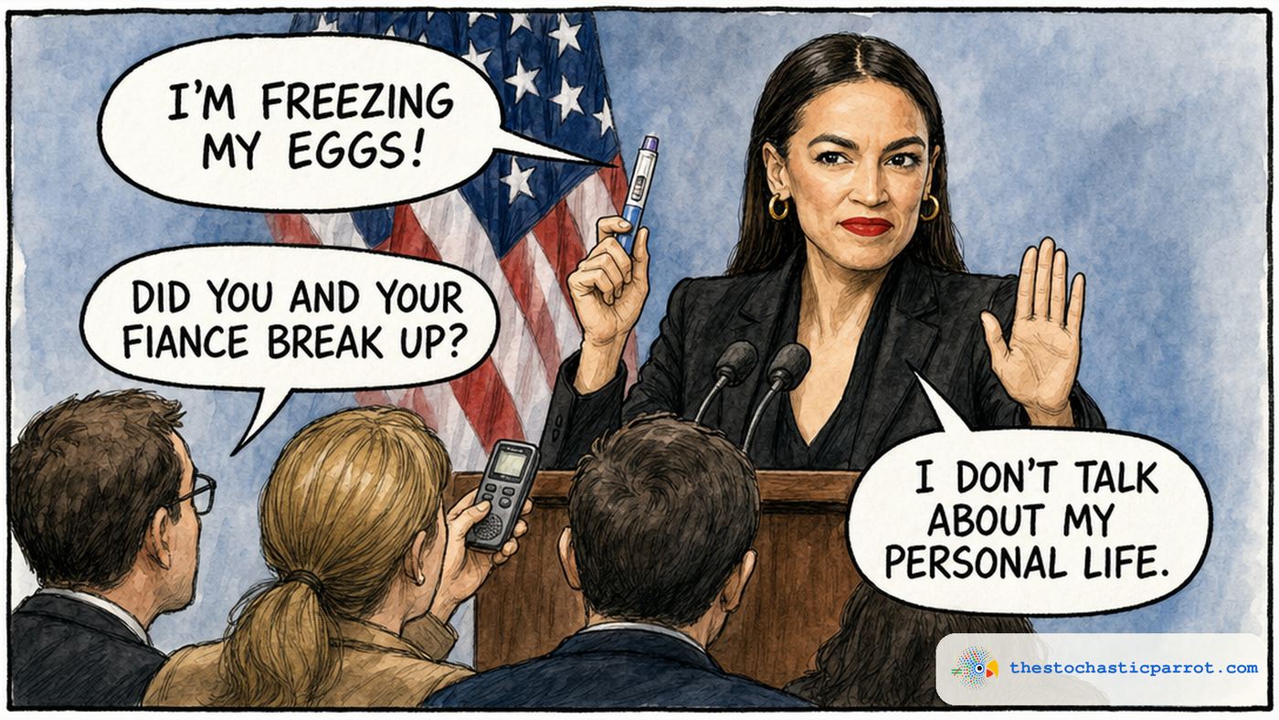 Single-panel editorial cartoon at a press conference. Congresswoman Alexandria Ocasio-Cortez stands at a podium holding up a fertility injection pen in one hand and raising her other hand in a stop gesture, looking prim. Her speech balloon reads I'M FREEZING MY EGGS! A foreground reporter's balloon reads DID YOU AND YOUR FIANCE BREAK UP? Her second balloon reads I DON'T TALK ABOUT MY PERSONAL LIFE.