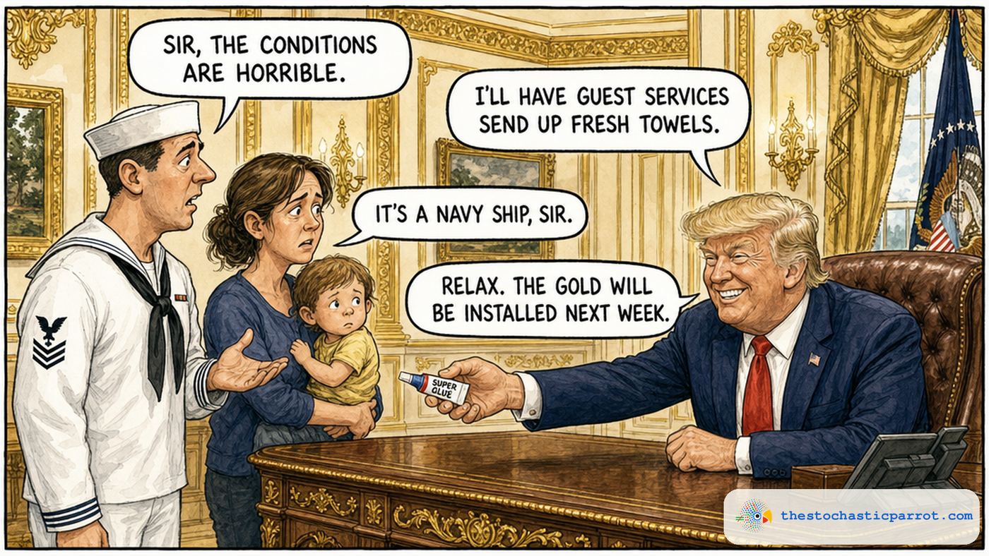 Single-panel editorial cartoon in the Oval Office, its beige walls covered in ornate gold trim. A worried Navy family — a sailor in dress whites and his wife holding a small child — stands before the Resolute Desk. A four-line exchange descends: the sailor says SIR, THE CONDITIONS ARE HORRIBLE. Trump answers I'LL HAVE GUEST SERVICES SEND UP FRESH TOWELS. The wife says IT'S A NAVY SHIP, SIR. Trump, grinning and handing them a tube of super glue, says RELAX. THE GOLD WILL BE INSTALLED NEXT WEEK.