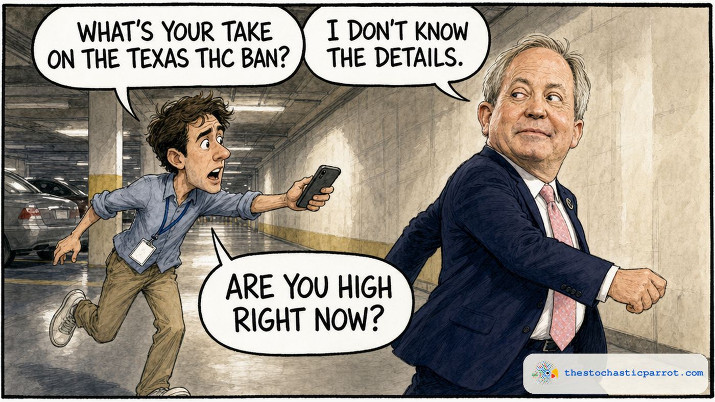 Editorial cartoon in a parking garage. A reporter chasing Texas Attorney General Ken Paxton asks: WHAT'S YOUR TAKE ON THE TEXAS THC BAN? Paxton, glancing back with a visibly lazy eye, answers: I DON'T KNOW THE DETAILS. Below, the reporter's follow-up: ARE YOU HIGH RIGHT NOW?