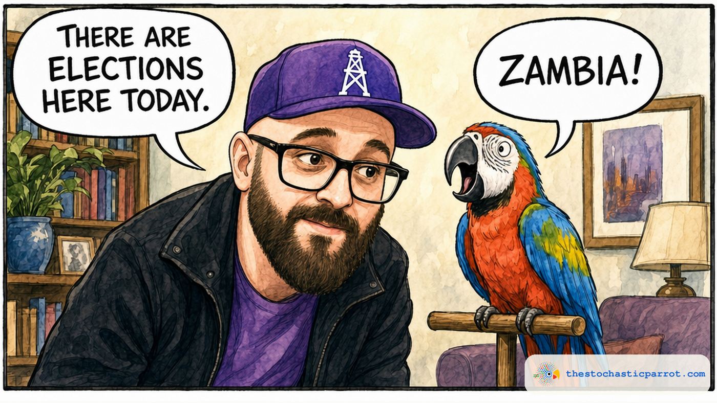 Editorial cartoon. A bearded, bald man in a purple derrick-logo cap and black glasses leans toward a colorful pet parrot on a perch, saying THERE ARE ELECTIONS HERE TODAY. The parrot squawks back: ZAMBIA!