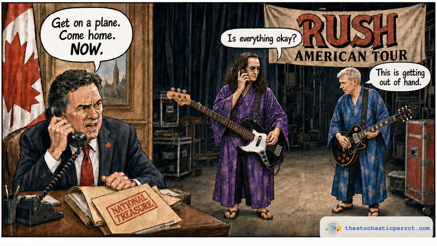 Cartoon: a Canadian official grips a phone, shouting Get on a plane. Come home. NOW. beside a folder stamped NATIONAL TREASURE. Backstage on a RUSH AMERICAN TOUR banner, Geddy Lee in a purple kimono takes the call -- Is everything okay? -- while Alex Lifeson in a blue kimono looks on: This is getting out of hand.