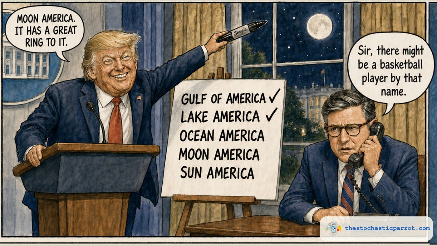 Editorial cartoon: Trump grins at a podium pointing a Sharpie at the full moon out the window, beside an easel checklist reading GULF OF AMERICA (checked), LAKE AMERICA (checked), OCEAN AMERICA, MOON AMERICA, SUN AMERICA. Trump: MOON AMERICA. IT HAS A GREAT RING TO IT. Mike Johnson, hunched over a phone: Sir, there might be a basketball player by that name.