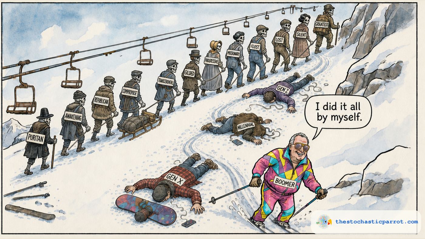 Editorial cartoon. A grinning Baby Boomer in a neon 1980s ski suit, labeled BOOMER, skis to the bottom of a mountain saying: I did it all by myself. Face-down in the snow along his ski tracks behind him lie three wiped-out younger people labeled GEN X, MILLENNIAL and GEN Z. Far up the slope, under the chairlift, a long single-file line of skeletons in period dress climbs toward the summit carrying a sled, each labeled with its generation from PURITAN at the bottom up through AWAKENING, REPUBLICAN, COMPROMISE, TRANSCENDENTAL, GILDED, PROGRESSIVE, MISSIONARY, LOST and SILENT to GREATEST at the top.