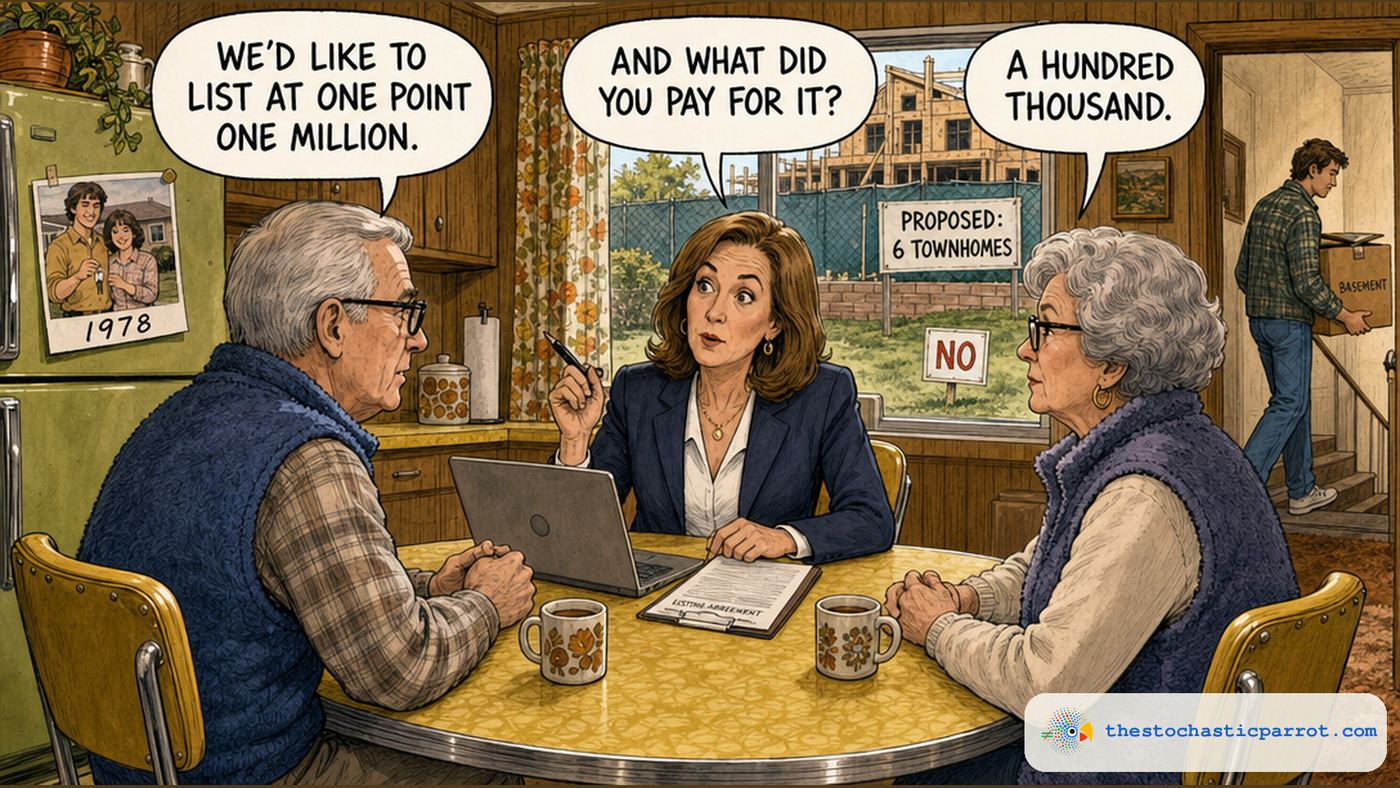 Boomer Week, Day 3. Editorial cartoon: an elderly Boomer couple in fleece vests at the yellow formica table of their unremodeled 1970s kitchen, a real-estate agent seated between them with a laptop and a listing form, pen frozen. The man: "We'd like to list at one point one million." The agent: "And what did you pay for it?" The woman: "A hundred thousand." On the fridge, a 1978 snapshot of the same couple holding keys in front of the same house; through the window, a construction fence reading PROPOSED: 6 TOWNHOMES and a hand-lettered NO sign on their own lawn; in the doorway their adult son carries a box to the basement.