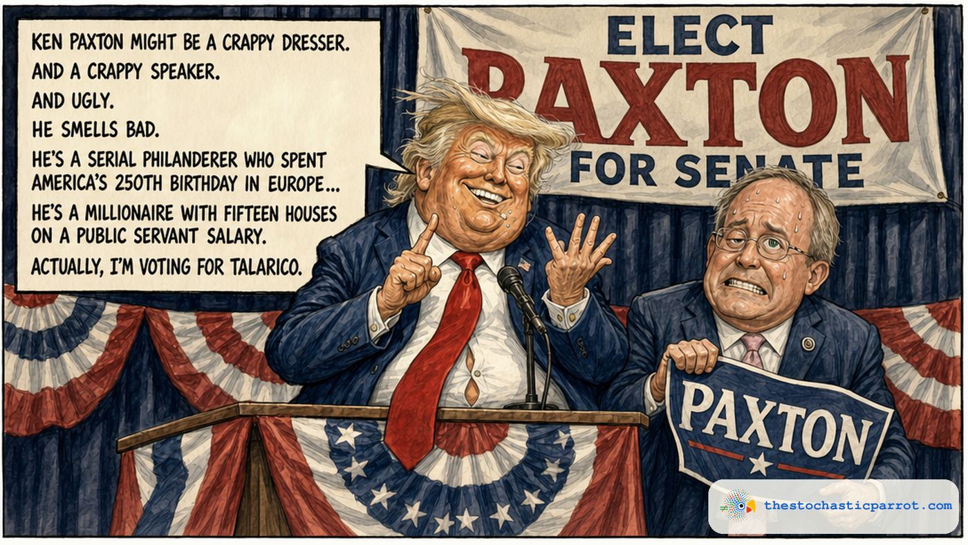 Editorial cartoon. At a Texas GOP convention podium under a banner reading ELECT PAXTON FOR SENATE, a grotesque, oblivious Donald Trump counts insults on his fingers while a large dialogue box reads: Ken Paxton might be a crappy dresser. And a crappy speaker. And ugly. He smells bad. Hes a serial philanderer who spent Americas 250th birthday in Europe. Hes a millionaire with fifteen houses on a public servant salary. Actually, Im voting for Talarico. Beside him, Ken Paxton, drawn with his real droopy right eyelid and mismatched eye color, stands mortified and sweating, holding a drooping PAXTON campaign sign.