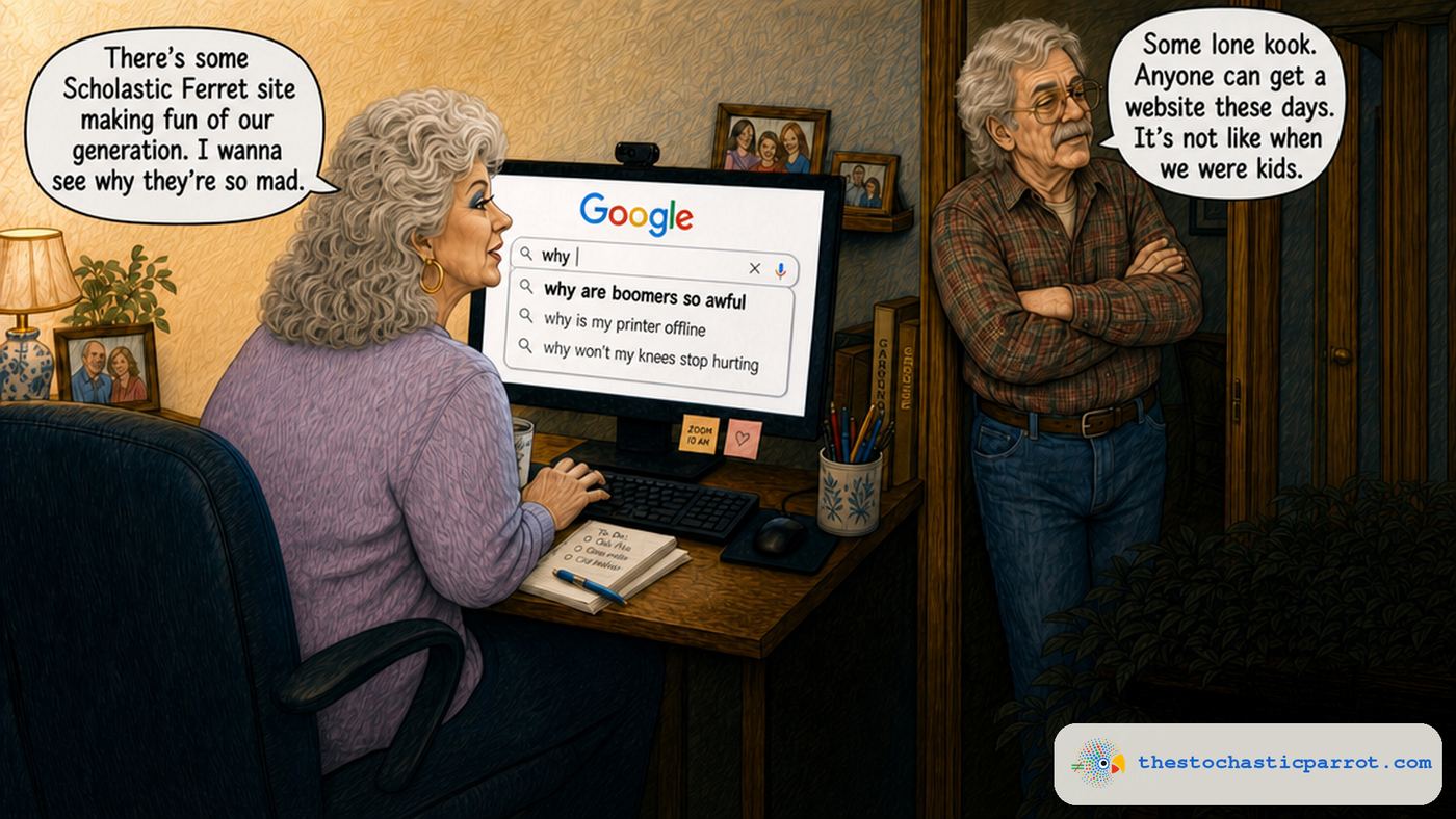 A boomer woman sits at a home computer, mid-type, glancing over the monitor at her husband. Her speech bubble reads: There's some Scholastic Ferret site making fun of our generation. I wanna see why they're so mad. On her screen, a Google search for "why" shows an autocomplete list topped by "why are boomers so awful," with lesser suggestions "why is my printer offline" and "why won't my knees stop hurting" beneath it. Her husband stands arms crossed in the doorway, not looking at the screen, saying: Some lone kook. Anyone can get a website these days. It's not like when we were kids.
