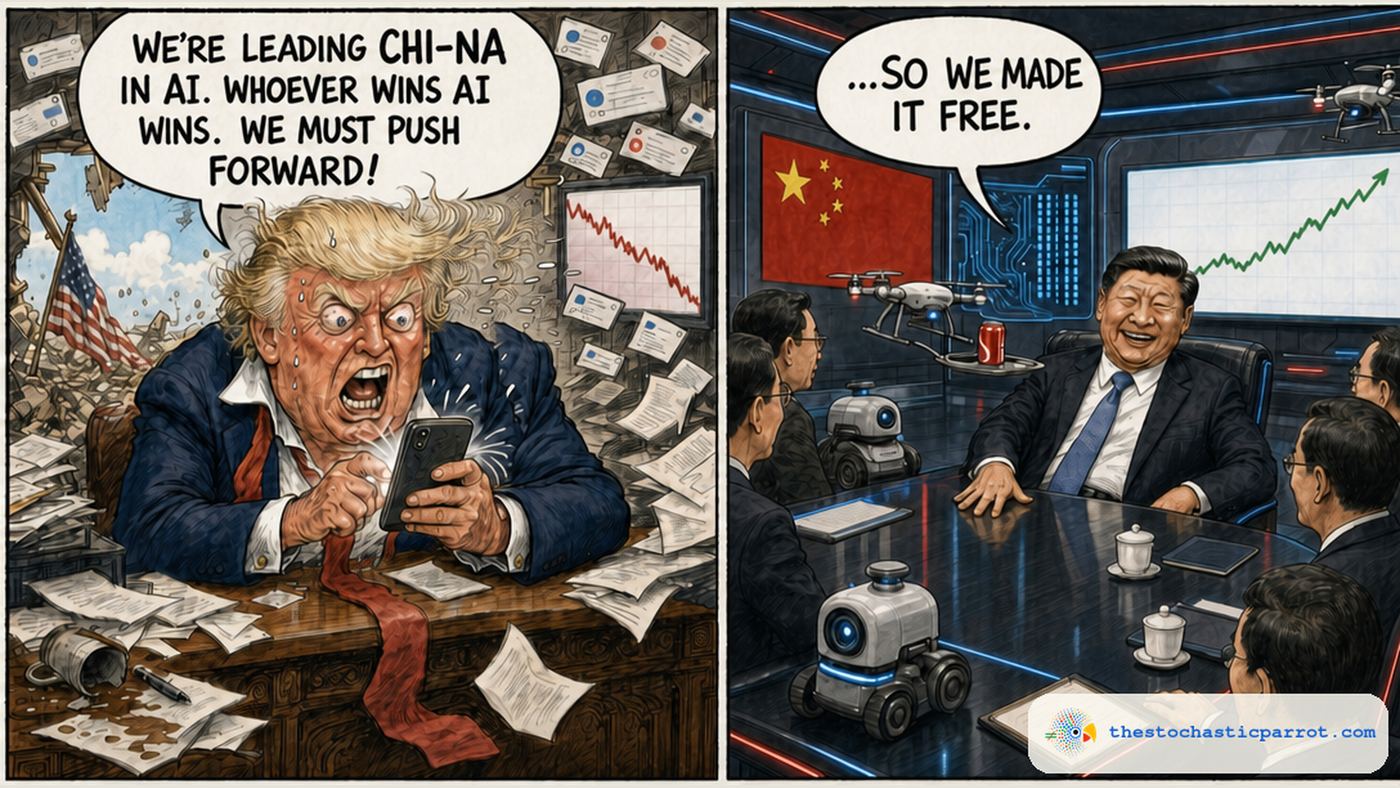 Left panel: a disheveled, sweating Donald Trump grips his phone at a cluttered desk, oblivious to a jagged hole blown in the wall behind him with the American flag leaning in the rubble, shouting, quote, We're leading Chi-na in AI. Whoever wins AI wins. We must push forward! end quote. Right panel: a high-tech command room with a Chinese flag, circuit-pattern display, two small robots and a drone; Xi Jinping laughs as the drone hands him a soda, saying, quote, ...So we made it free. end quote.