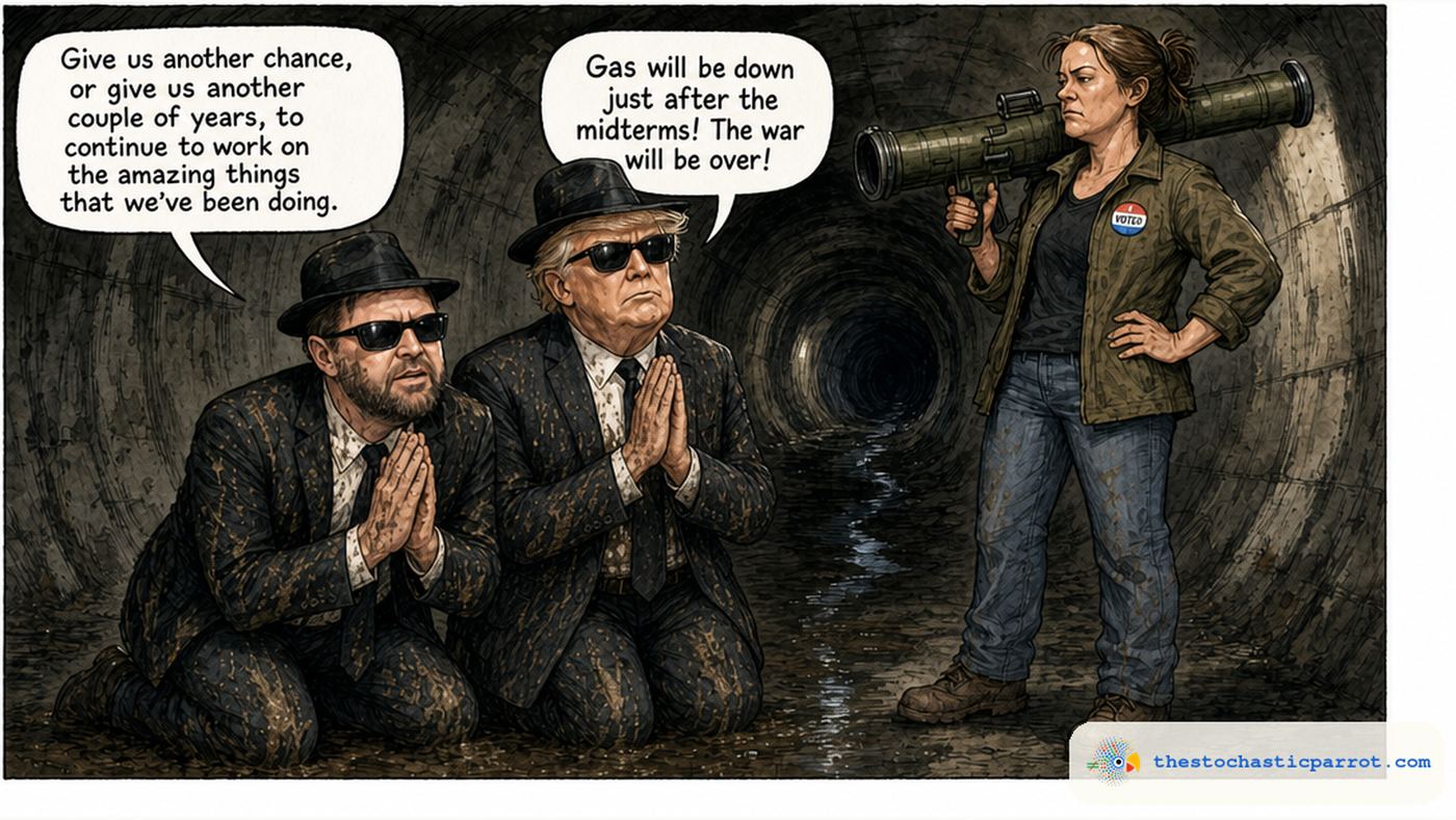 Editorial cartoon: two men in black suits, ties, and sunglasses kneel together on the floor of a concrete storm-drain tunnel at night, hands clasped as if praying, their suits streaked with mud. A woman in street clothes stands over them, an I VOTED sticker on her jacket, a green rocket launcher resting on her shoulder. One speech balloon reads: Give us another chance, or give us another couple of years, to continue to work on the amazing things that we have been doing. A second balloon reads: Gas will be down just after the midterms! The war will be over!