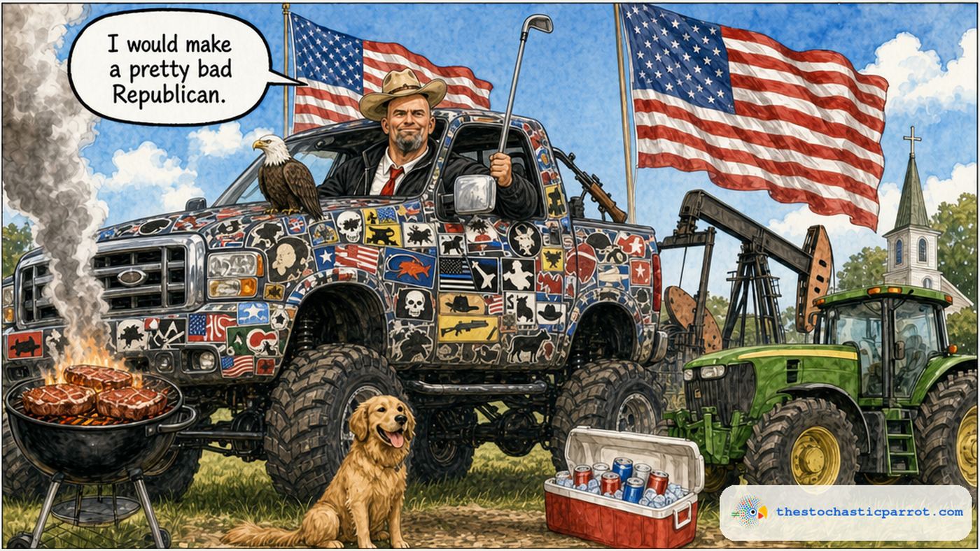 Editorial cartoon: a tall bald man with a goatee, wearing a hoodie over a shirt and tie with gym shorts, sits grinning in the drivers seat of a lifted monster truck completely covered edge to edge with icon-only bumper stickers (eagles, flags, skulls, crosses, rifles, boots, no text). He holds a golf club upright out the window like a flagpole, a bald eagle perched on the side mirror, a rifle racked in the back window. Two large American flags fly behind him. In the background: an oil derrick pumping, a church steeple, a green tractor, a smoking grill with steaks, a golden retriever, and a cooler of drinks. His speech balloon reads: I would make a pretty bad Republican.