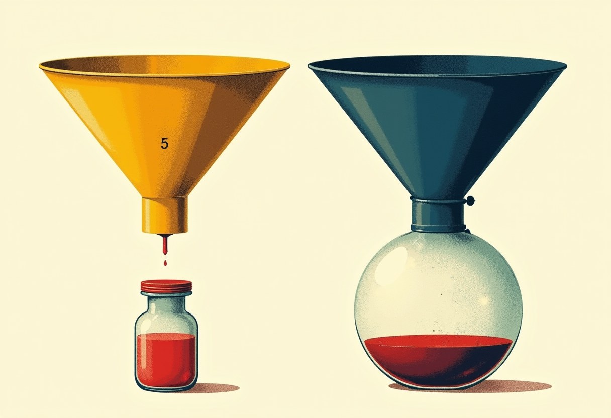 Two funnels of different sizes pouring red liquid: a small funnel marked with a numeral dial empties into a tiny sealed jar, while a larger, unmarked funnel feeds an oversized flask with no visible bottom.