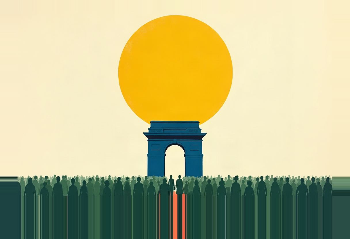 A large yellow circle sits behind a blue stone archway, with a dense crowd of dark silhouetted figures standing in front, two red vertical stripes visible between them.