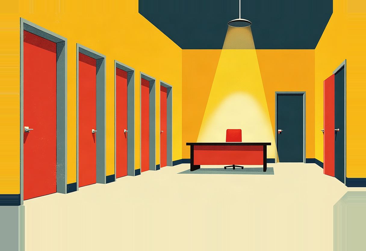 Illustrated corridor with yellow walls and five red doors on the left, a dark blue door on the right, and an empty red desk and chair under a hanging lamp at the end.