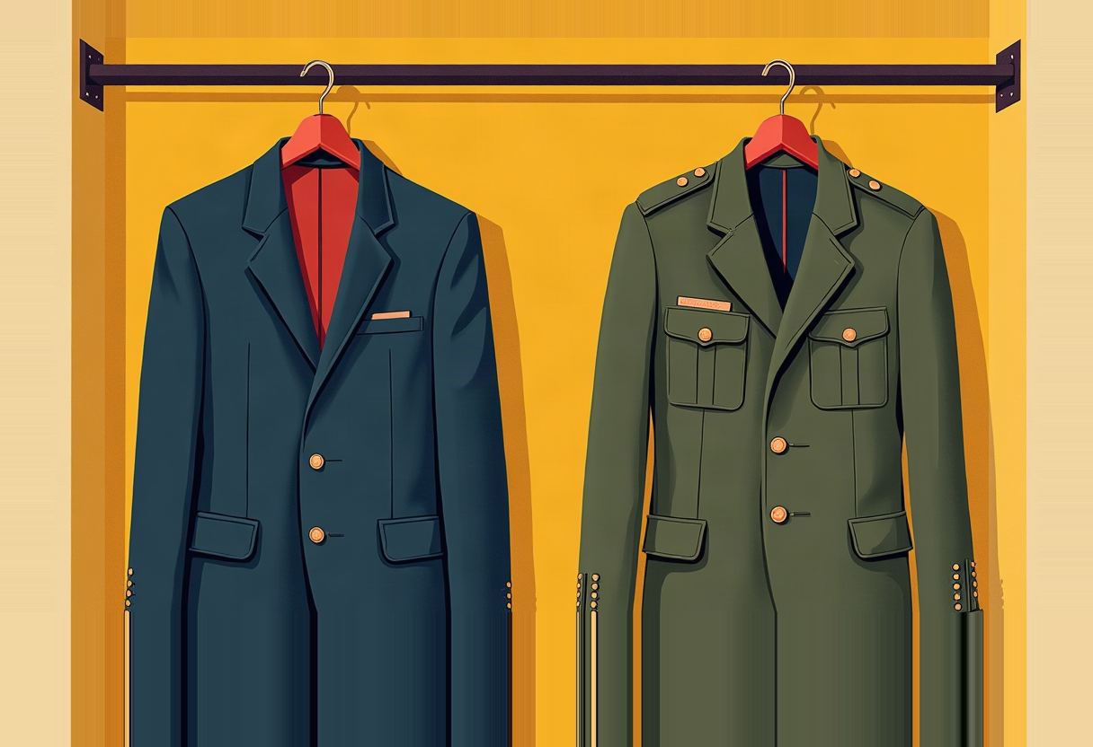 A dark blue business suit jacket and an olive-green military dress jacket hang side by side on red hangers from a black rod against a yellow wall.