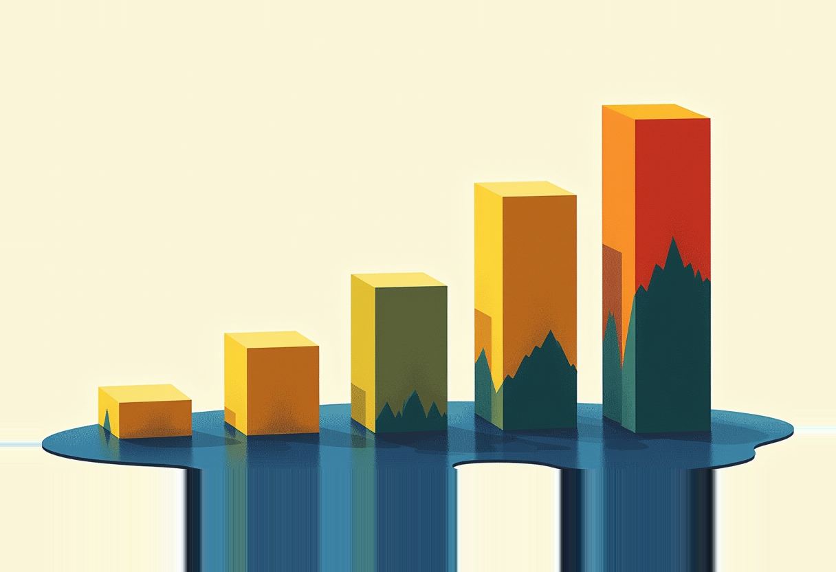 Flat screenprint illustration: a rising bar chart built of melting ice blocks in golden yellow, vermilion, green and cobalt, their lower edges dissolving into a pooled blue meltwater base on warm off-white.