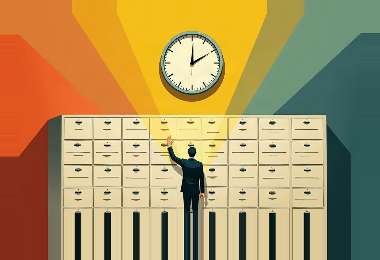 A man in a dark suit, seen from behind, reaches toward a wall of filing cabinet drawers beneath a large wall clock, lit by a yellow beam against orange and teal triangular background panels.