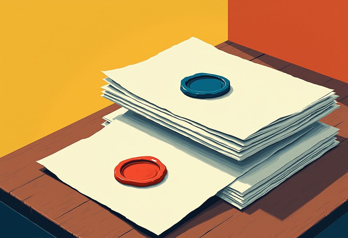 Two overlapping stacks of cream paper on a wooden desk, one topped with a red wax seal, the other with a blue wax seal, against a yellow-and-orange wall.