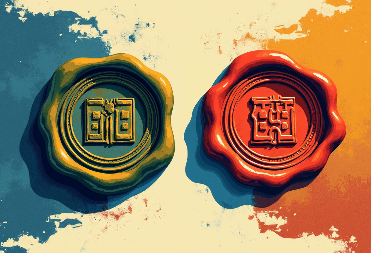 Two ornate wax seals with building-shaped emblems, one gold-green on a blue background, one red on an orange background, on a cream textured backdrop.