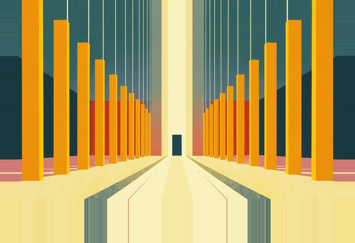 Two symmetrical rows of tall orange columns of varying heights recede toward a small dark doorway on a pale path, with dark teal and red bands in the background.