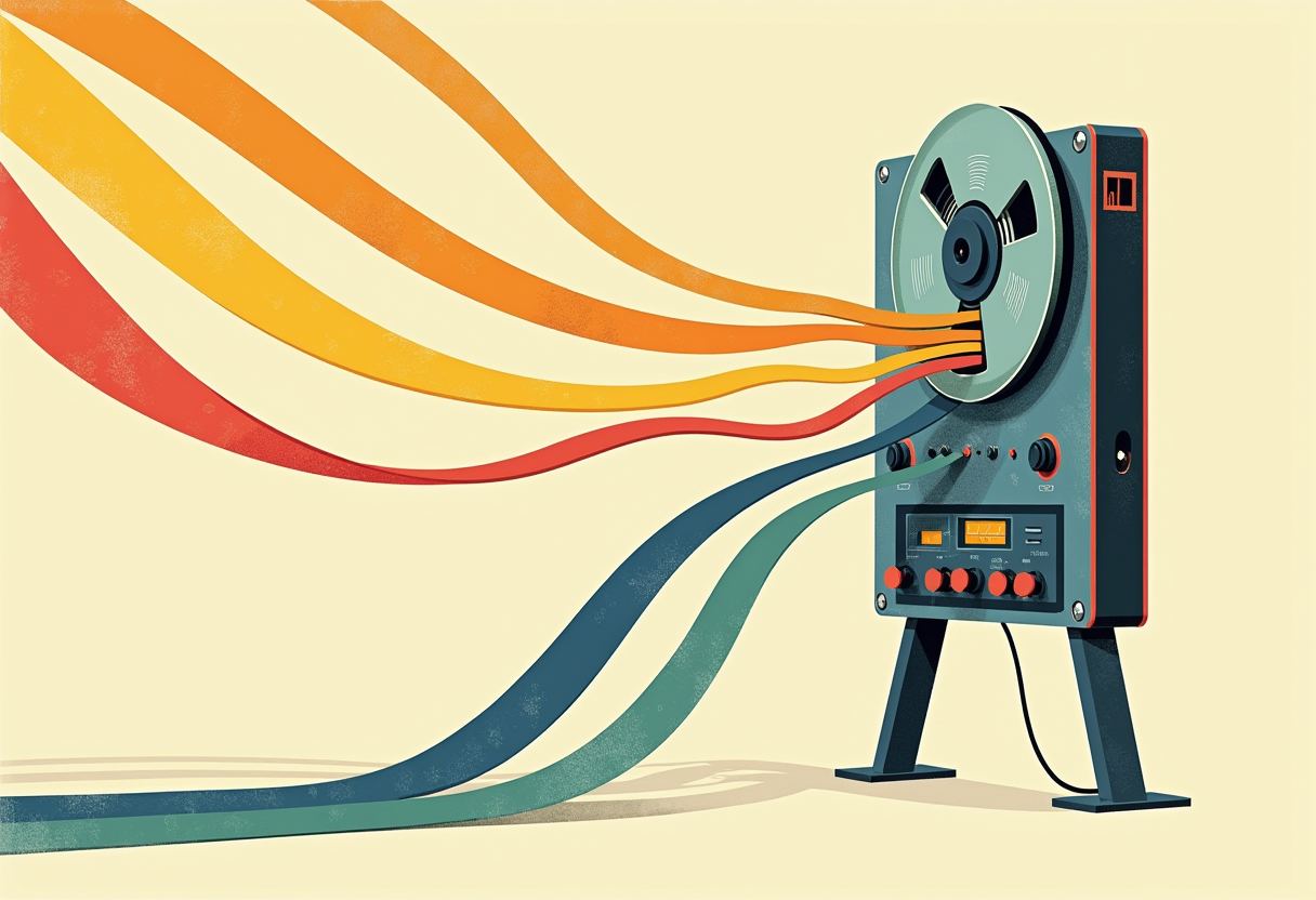 Illustration of a large reel-to-reel tape machine on legs, with red, orange, yellow, teal and blue ribbons streaming out of its spinning reel against a pale yellow background.