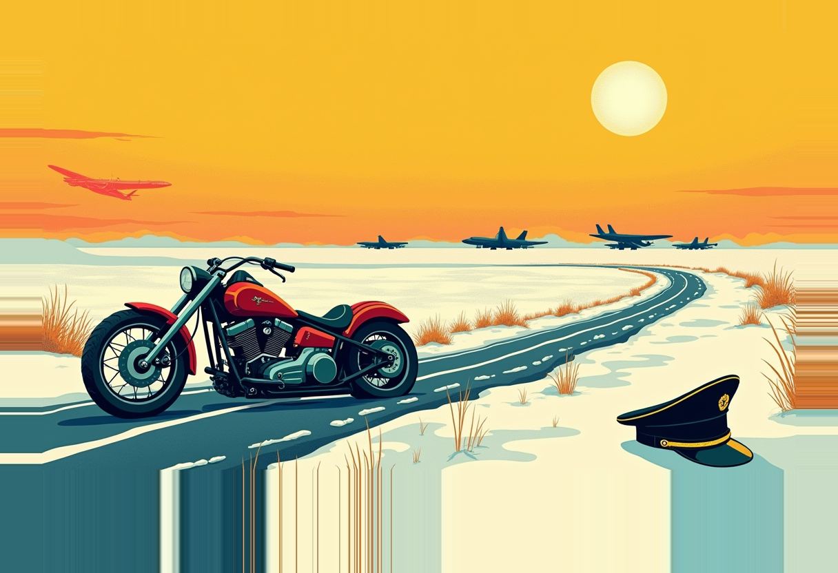 A red motorcycle stands on a curving road through snowy grassland, a military cap on the ground nearby, jets and a red plane in an orange sky.