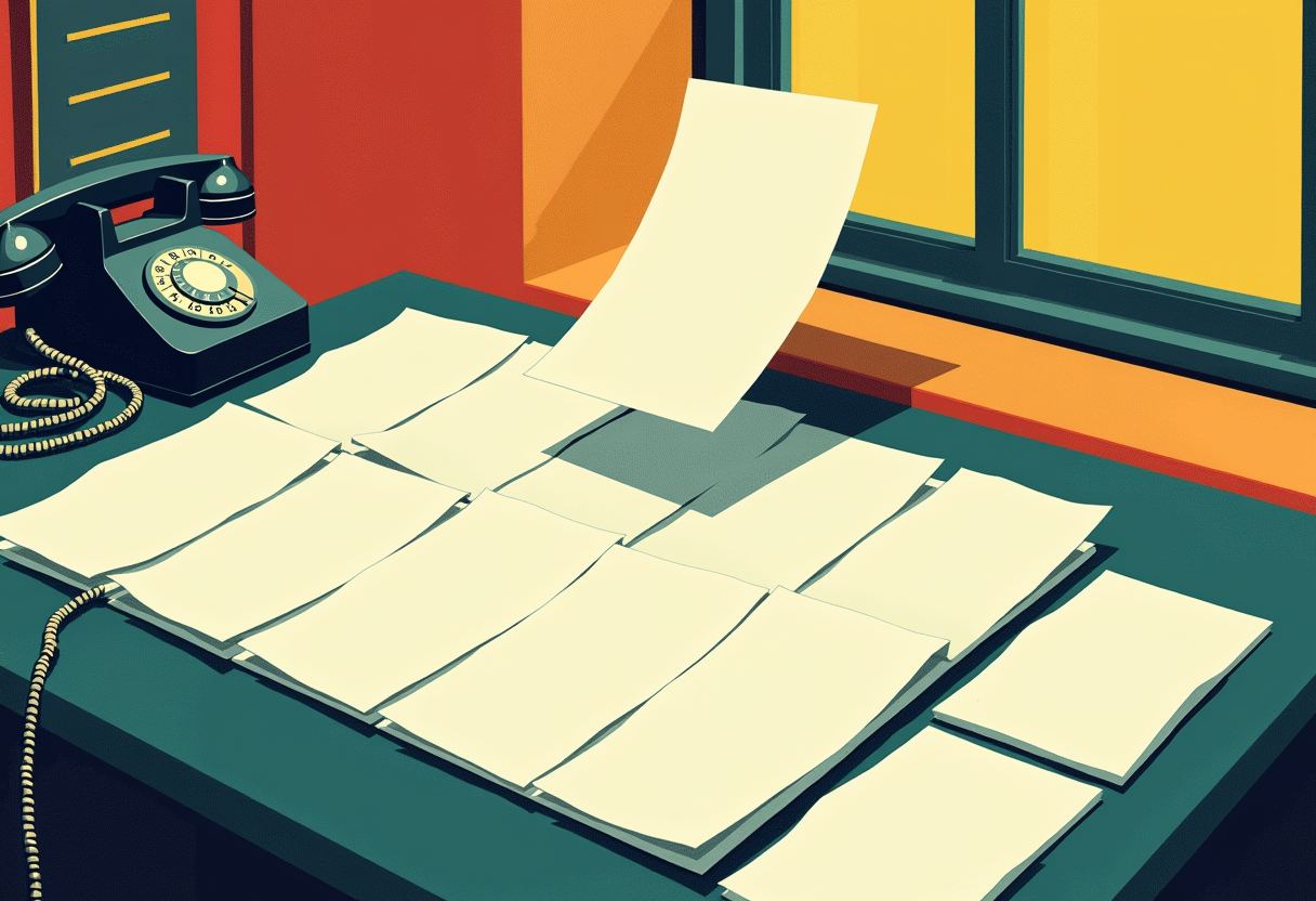Blank sheets of paper cover a teal desk beside a black rotary phone, with one sheet lifting into the air near a yellow-lit window.