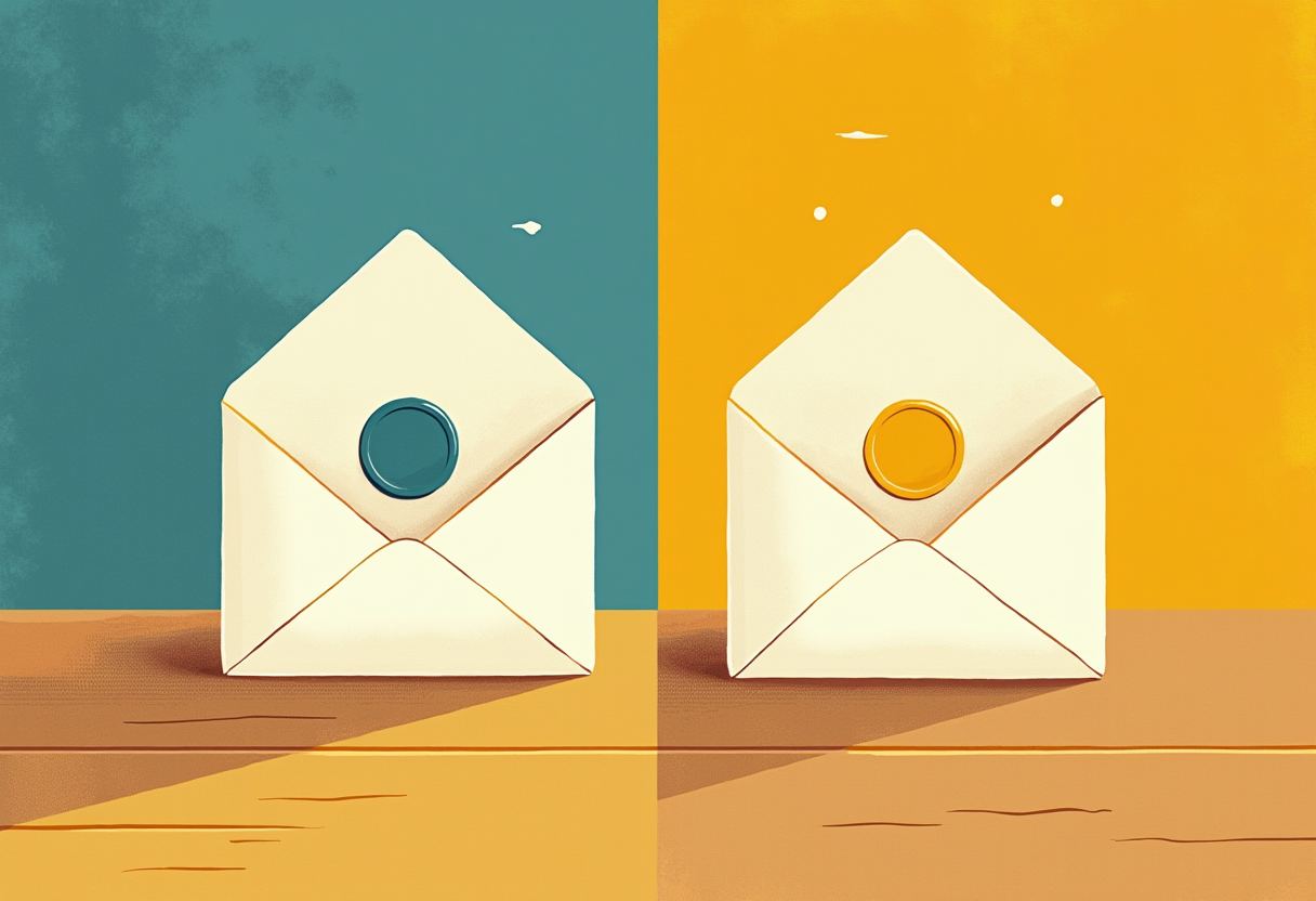Two identical cream envelopes with wax seals, one teal-sealed on a teal background and one gold-sealed on a yellow background, side by side on a wooden surface.