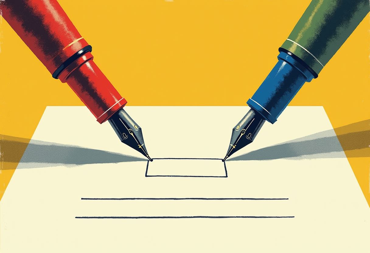 Two fountain pens, one red and one green-blue, drawing converging lines to a small rectangle above two lines of text on cream paper against a yellow background.